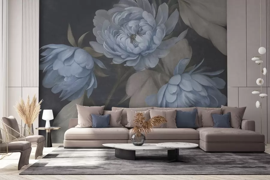 murales de pared Flores de peonía azul claro con textura y hojas de color beige sobre un fondo oscuro w09751