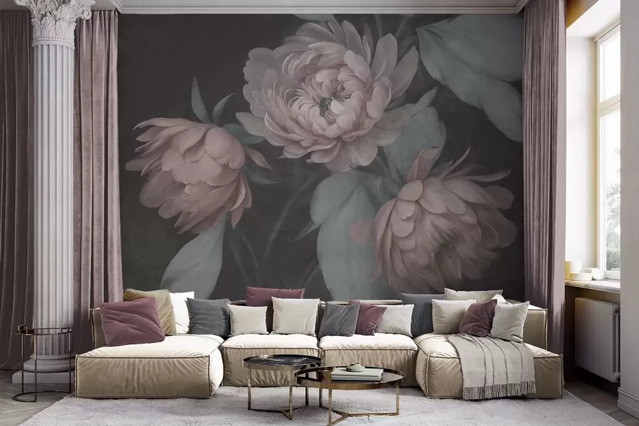 murales de pared Flores de peonía de color rosa claro con textura y hojas de un verde apagado sobre un fondo oscuro w09751v1