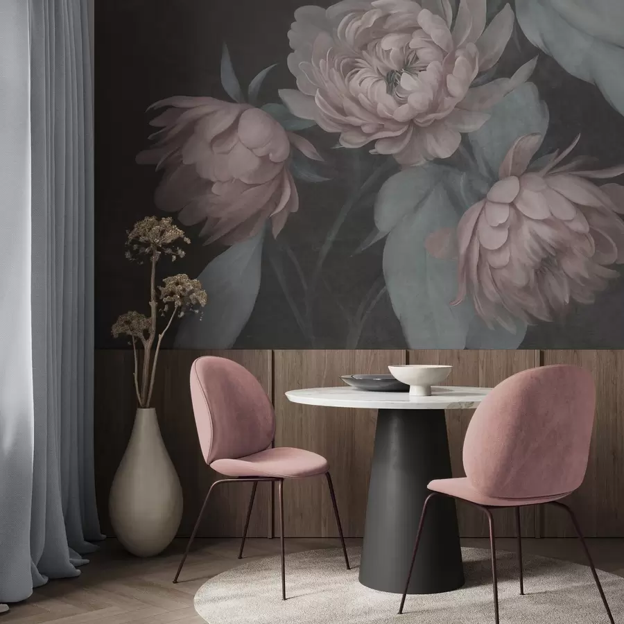 murales de pared Flores de peonía de color rosa claro con textura y hojas de un verde apagado sobre un fondo oscuro w09751v1