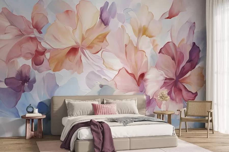 murales de pared Flores abstractas de fantasía en tonos rosa, melocotón y lavanda, en estilo pictórico y con textura w09767