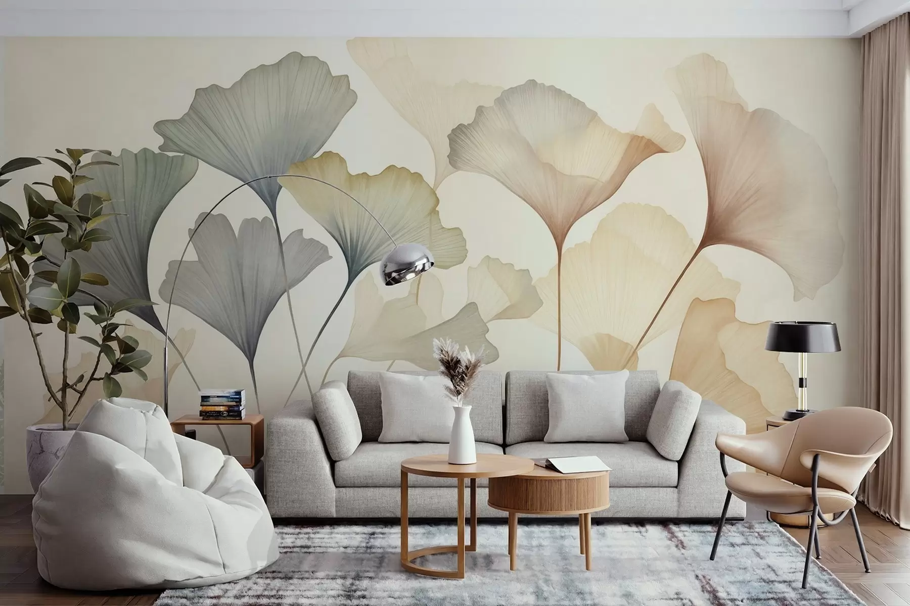 murales de pared Hoja de ginkgo abstracta en tonos pastel apagados, como el azul, el verde y el melocotón; obra de arte con textura w09810