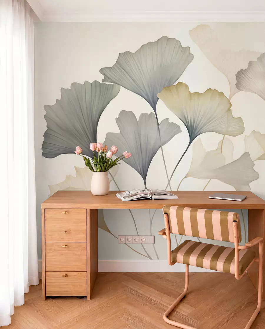 murales de pared Hoja de ginkgo abstracta en tonos pastel apagados, como el azul, el verde y el melocotón; obra de arte con textura w09810