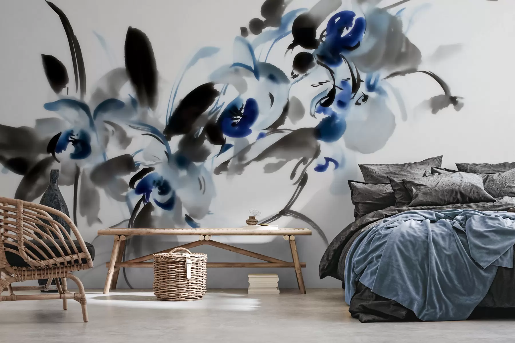 murales de pared Elegantes flores abstractas en estilo acuarela oriental con toques de azul y negro, orquídeas w09797