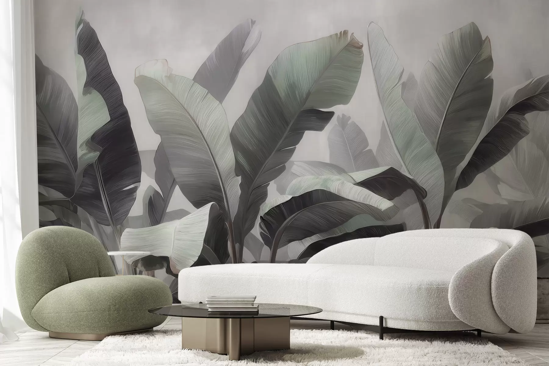 murales de pared Hojas de plátano tropicales de gran tamaño en una paleta neutra con suaves tonos gris verdosos w09805