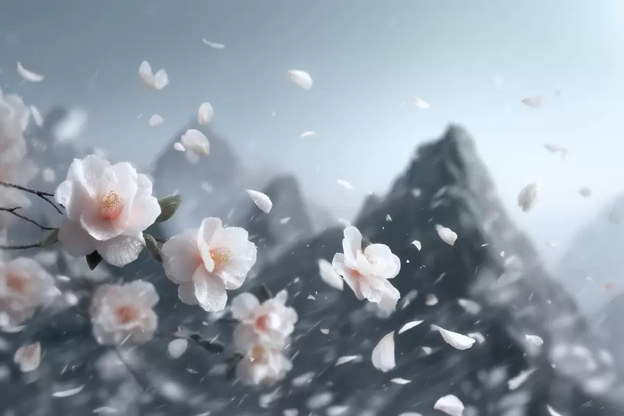 murales de pared Delicadas flores de cerezo con las montañas de fondo; evocador paisaje japonés en tonos pastel w09808