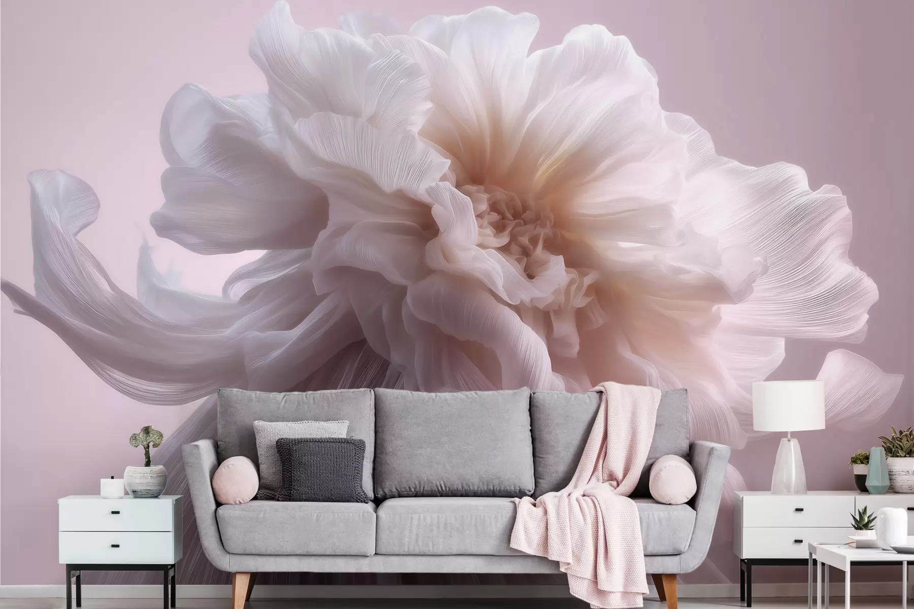 murales de pared Flor de seda con volumen en tonos rosa pálido y beige w09809