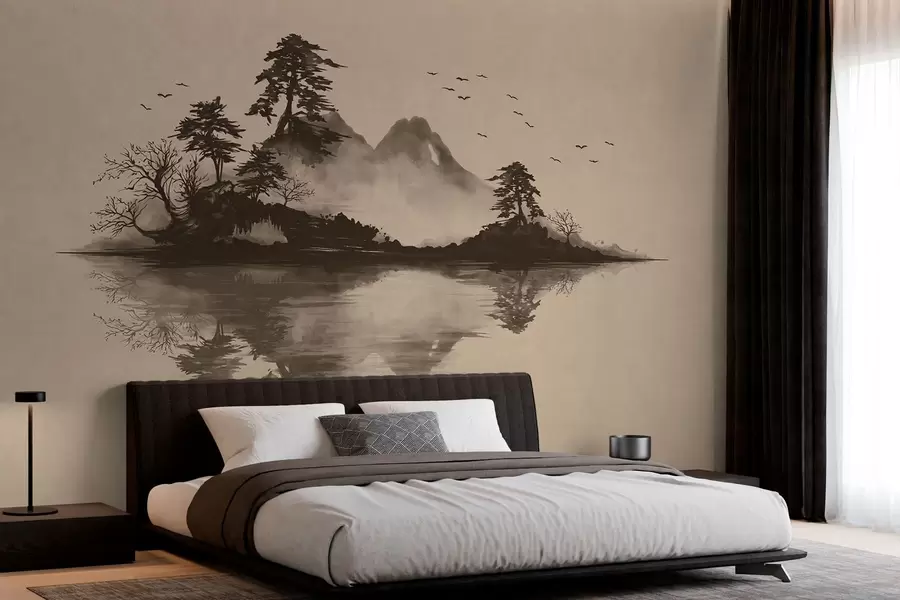 murales de pared Paisaje montañoso en estilo sumi-e con pinos y reflejos w05124