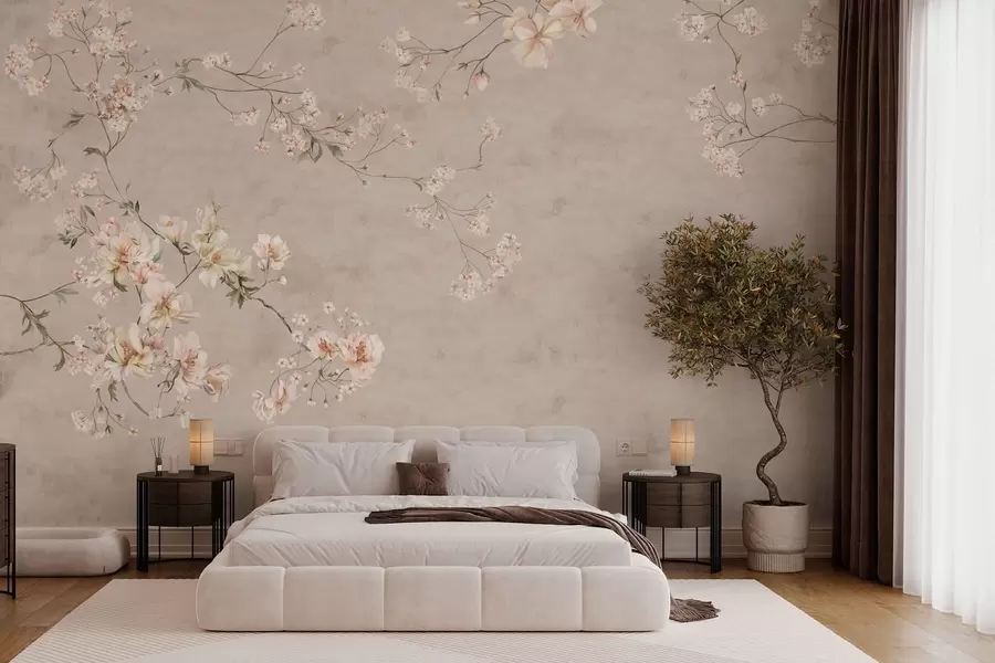 murales de pared Ramas florales delicadas de estilo chinoiserie sobre fondo claro w05427