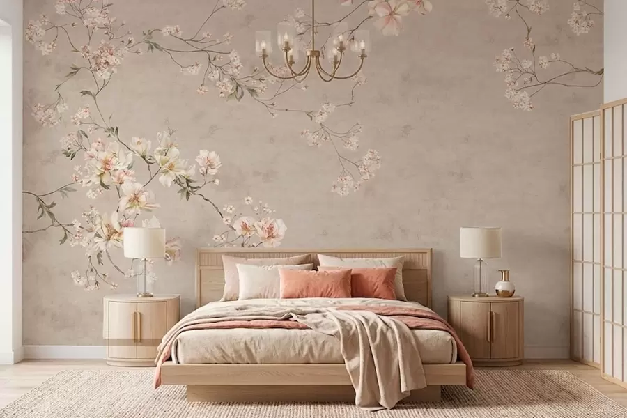 murales de pared Ramas florales delicadas de estilo chinoiserie sobre fondo claro w05427