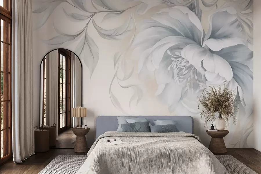 murales de pared Peonía grande y con relieve, de pétalos delicados y hojas grises, pintada con un estilo suave w09647