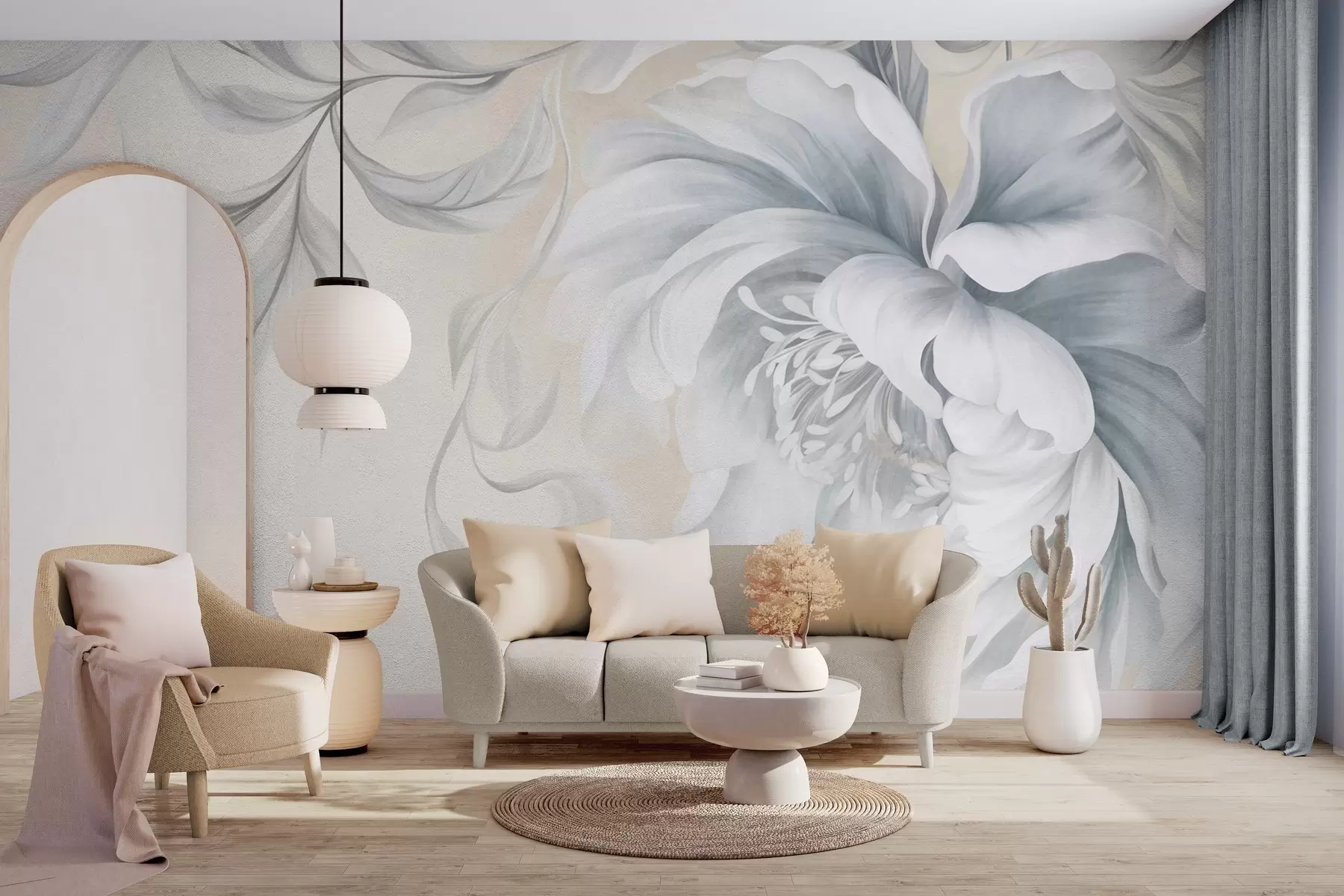 murales de pared Peonía grande y con relieve, de pétalos delicados y hojas grises, pintada con un estilo suave w09647