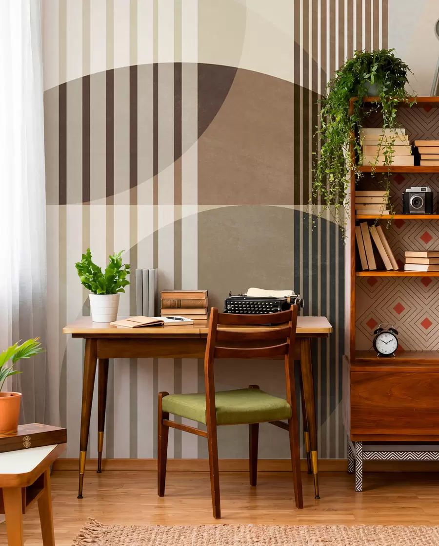 murales de pared Formas geométricas abstractas con círculos y líneas, tonos tierra apagados, composición con texturas y capas w09834