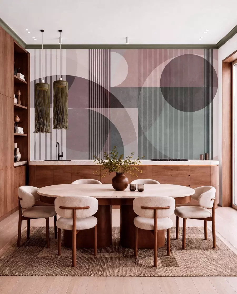 murales de pared Formas geométricas abstractas con círculos y líneas, tonos apagados, textura y composición en capas w09834v1