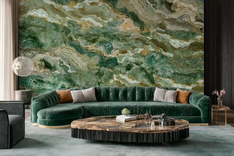 murales de pared Textura de ónix verde con vetas fluidas en capas w05429