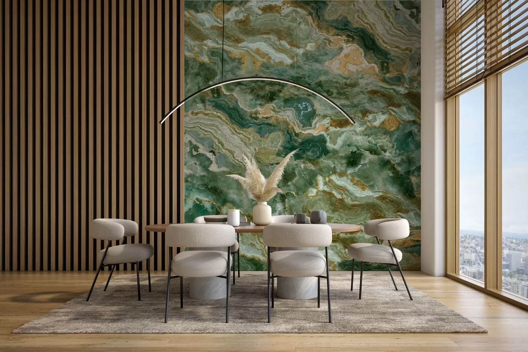 murales de pared Textura de ónix verde con vetas fluidas en capas w05429