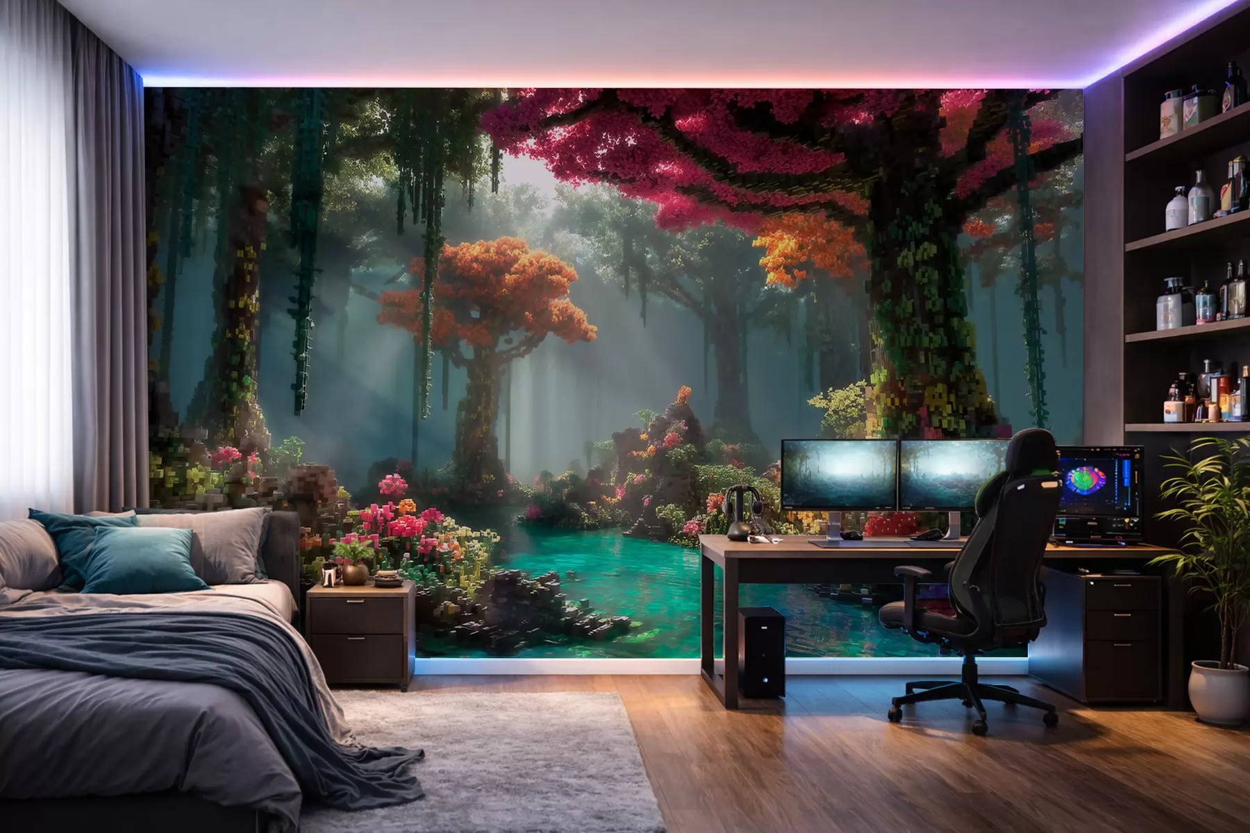 murales de pared Bosquecillo de un bosque encantado en píxeles inspirado en los videojuegos w09683