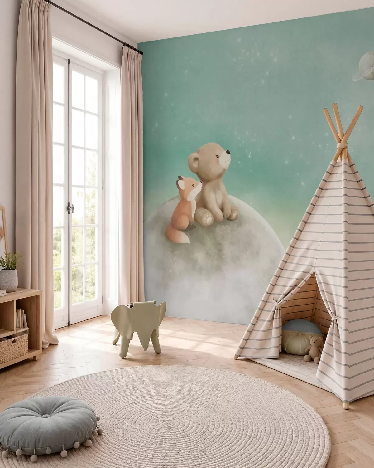 murales de pared Ilustración al pastel de un oso y un zorro bajo un cielo verde w05431v1
