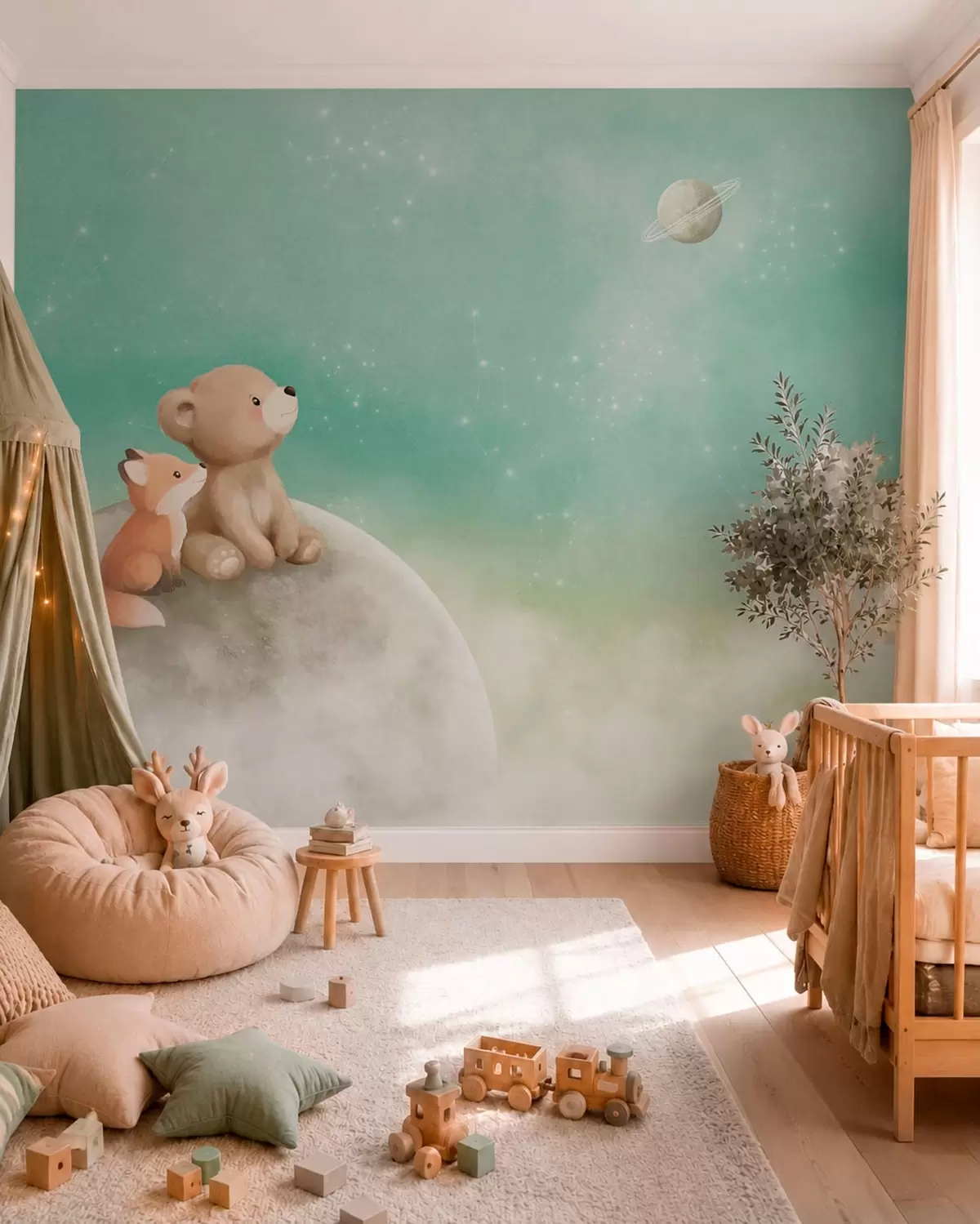 murales de pared Ilustración al pastel de un oso y un zorro bajo un cielo verde w05431v1