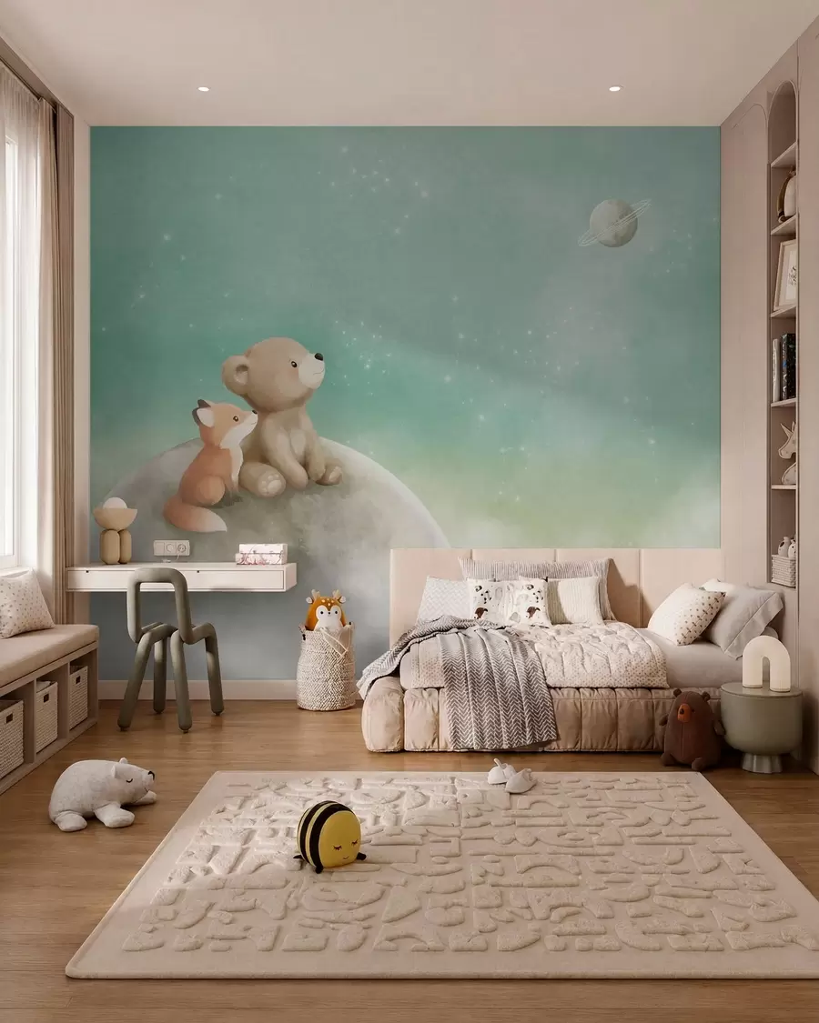 murales de pared Ilustración al pastel de un oso y un zorro bajo un cielo verde w05431v1