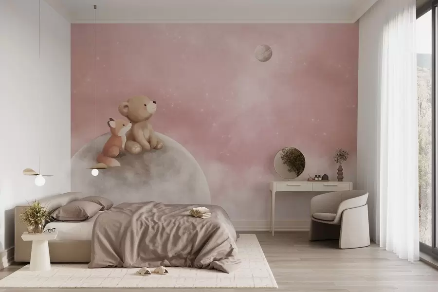 murales de pared Ilustración al pastel de un oso y un zorro bajo un cielo rosa con la luna w05431v2