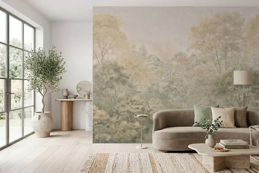murales de pared Paisaje forestal de estilo vintage en tonos verdes apagados w05433