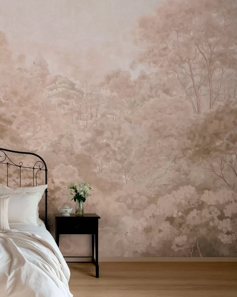 murales de pared Paisaje forestal de estilo vintage en cálidos tonos beige w05433v1