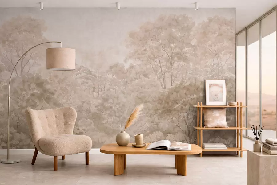 murales de pared Paisaje forestal de estilo vintage en cálidos tonos beige w05433v1