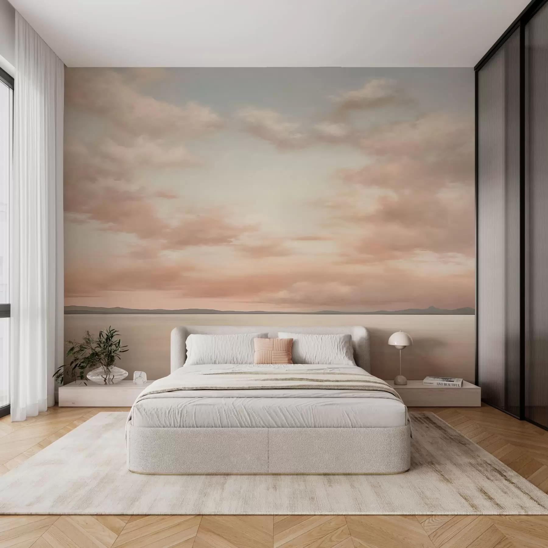 murales de pared Horizonte marino minimalista con nubes en tonos pastel w05516