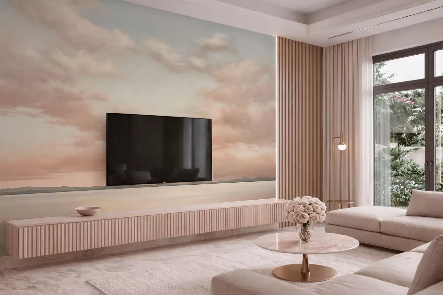 murales de pared Horizonte marino minimalista con nubes en tonos pastel w05516