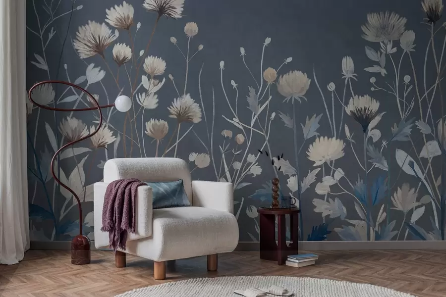 murales de pared Flores silvestres y hierbas representadas con un estilo pictórico sobre un fondo azul oscuro w05563v1