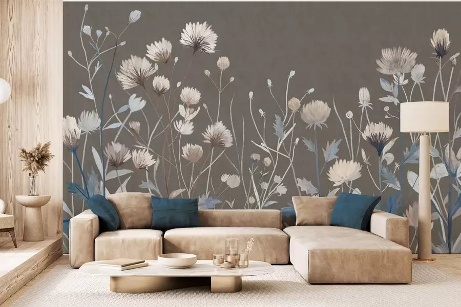 murales de pared Hierbas y flores silvestres de campo representadas con un estilo pictórico sobre un fondo gris-marrón w05563v2