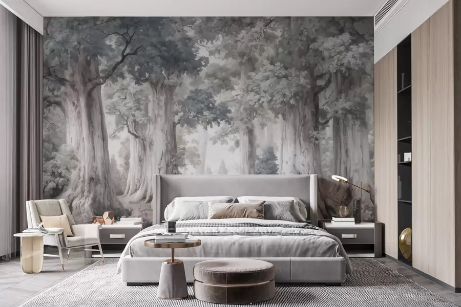 murales de pared Un bosque de cuento de hadas con árboles altos y una paleta de colores suaves y tenues, al estilo de la acuarela w09849