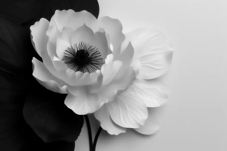 murales de pared Una flor blanca que contrasta con un centro oscuro sobre un fondo en blanco y negro w09852