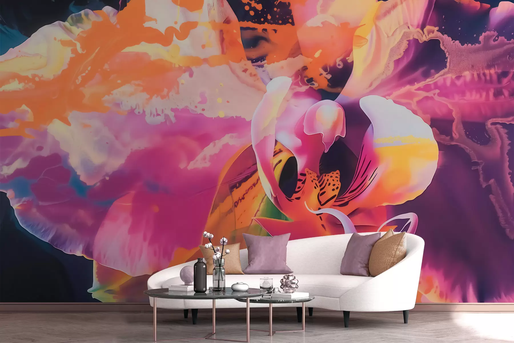murales de pared Una flor de orquídea abstracta y llena de vida, con colores intensos y formas dinámicas, en estilo acuarela w09855