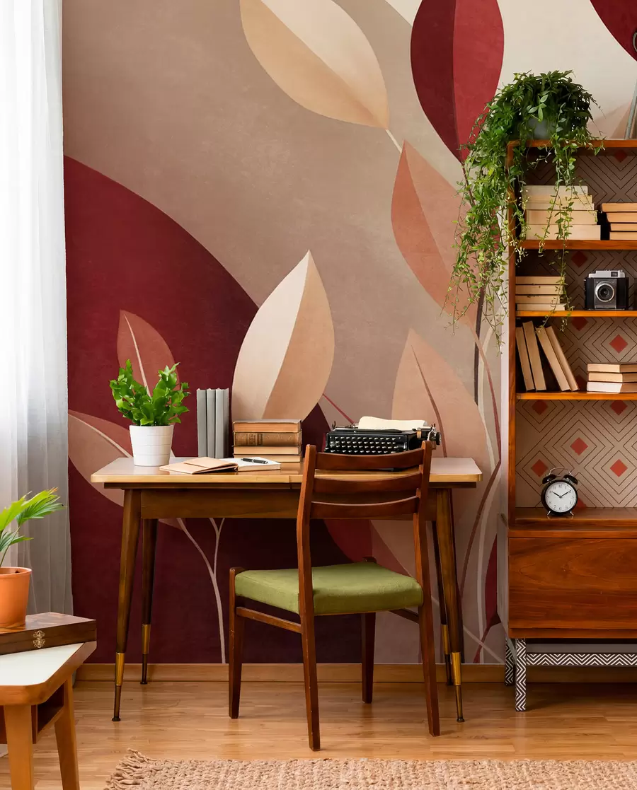 murales de pared Hojas con textura en tonos burdeos y beige sobre un fondo de formas abstractas, minimalismo y arte moderno w09829