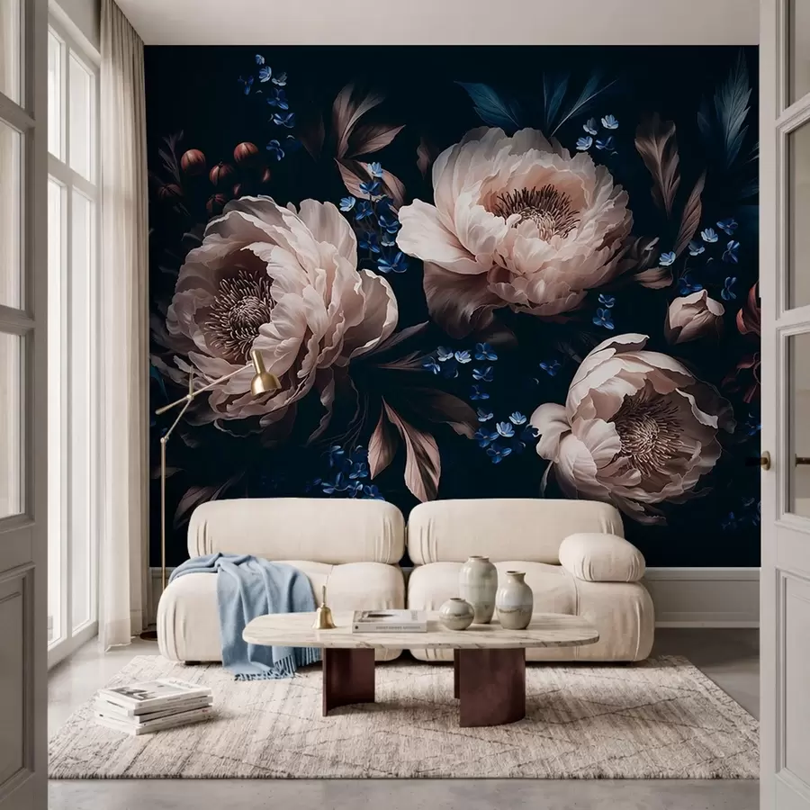 murales de pared Composición floral en tonos oscuros con flores y hojas grandes w05533