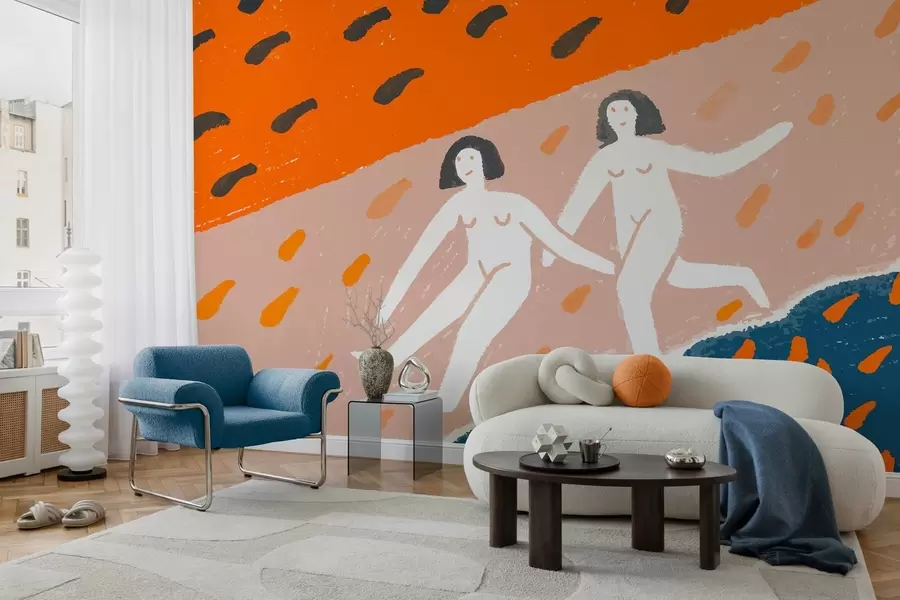murales de pared arte contemporáneo: dos mujeres corriendo por la costa w05564