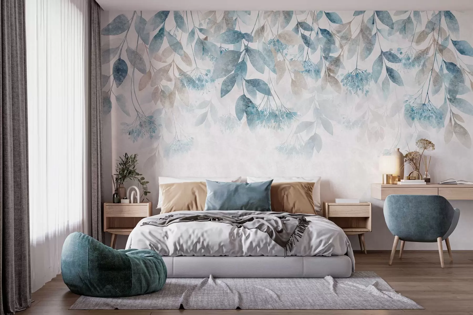 murales de pared hojas con textura que caen en cascada, con flores en tonos turquesa y beige w05565