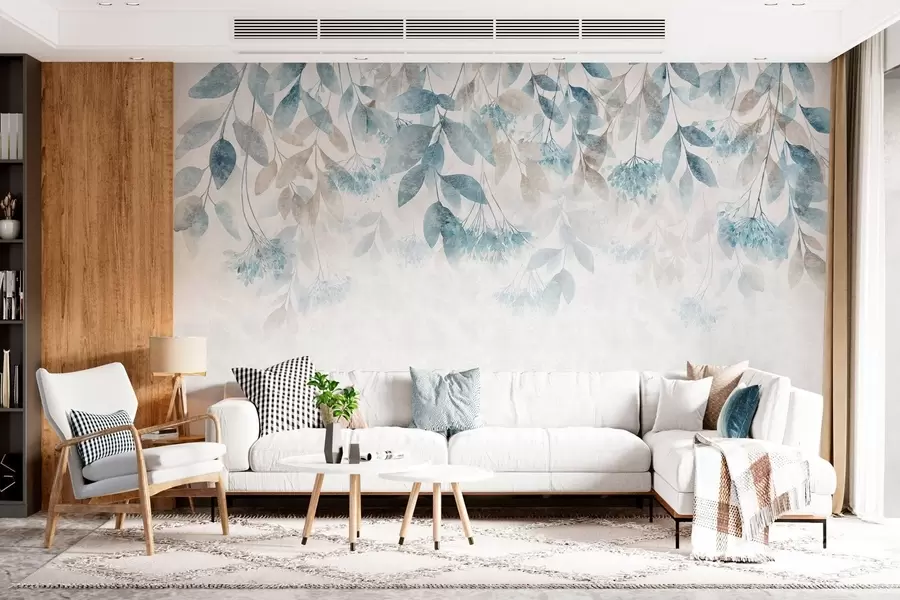 murales de pared hojas con textura que caen en cascada, con flores en tonos turquesa y beige w05565