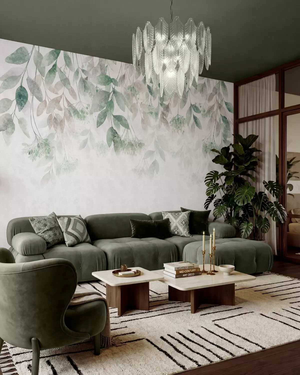 murales de pared hojas con textura y en cascada, con flores en tonos verdes y beige w05565v2