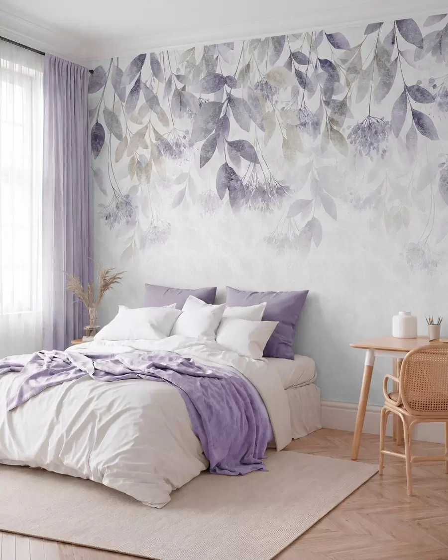 murales de pared hojas con textura y en cascada, con flores en tonos morados y beige w05565v3