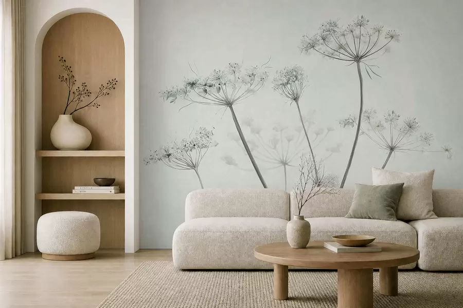 murales de pared Delicadas umbelas secas sobre un fondo suave y claro w05543v1