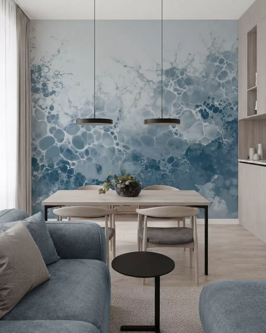 murales de pared Una abstracta y etérea composición azul con burbujas, al estilo de la acuarela w09673
