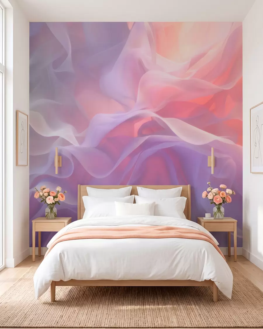 murales de pared Una abstracción etérea con ondas translúcidas en una paleta de tonos rosa y lila w09851