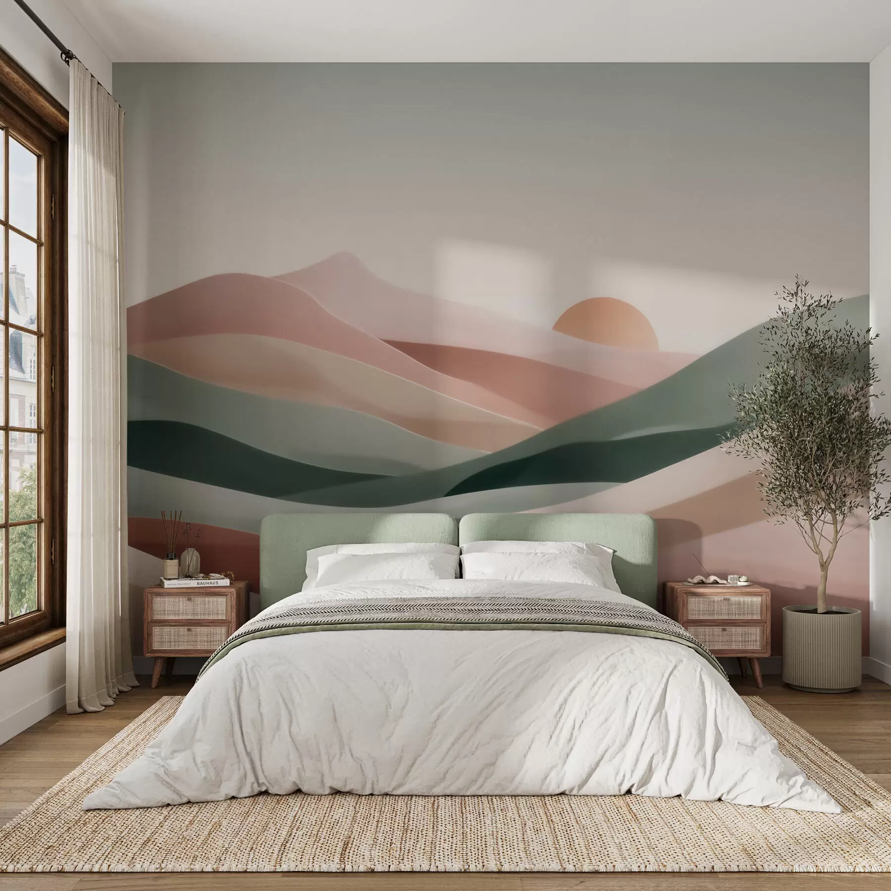 murales de pared Paisaje desértico abstracto en una paleta de tonos verde y rosa pastel, minimalismo w09860