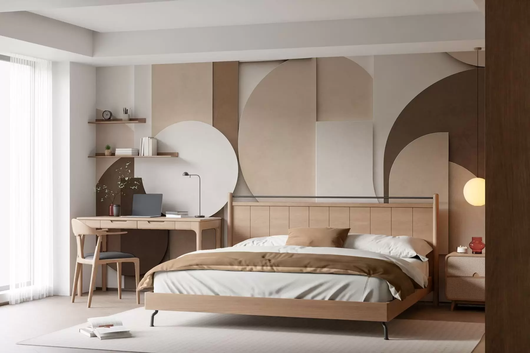 murales de pared Formas geométricas en beige con textura en una composición tridimensional en capas; obra de arte minimalista y moderna para la pared w05598
