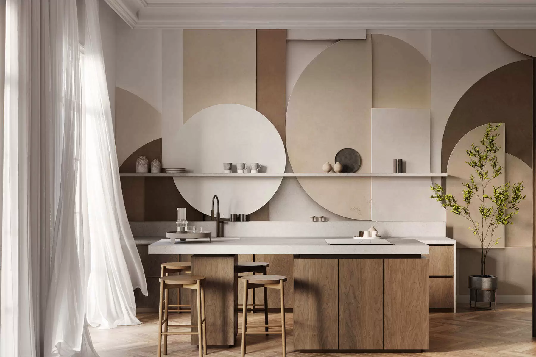 murales de pared Formas geométricas en beige con textura en una composición tridimensional en capas; obra de arte minimalista y moderna para la pared w05598