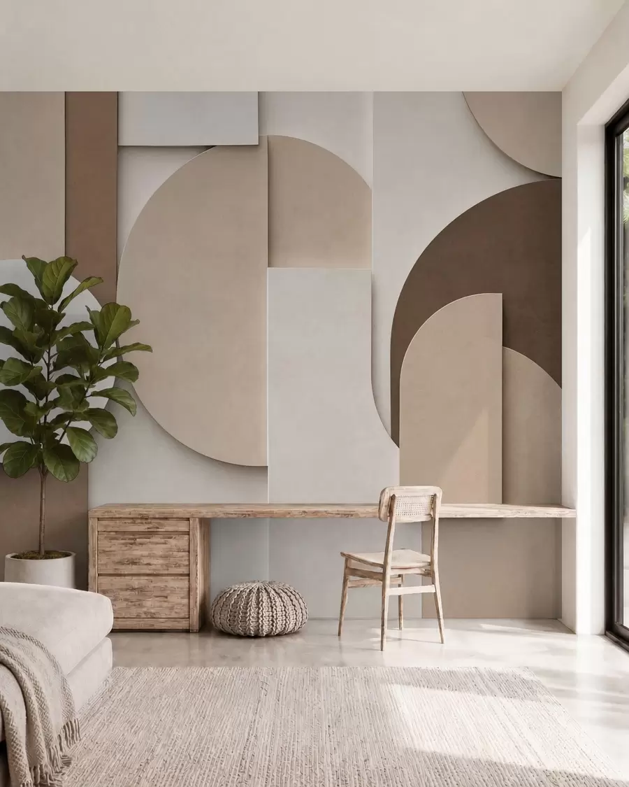 murales de pared Formas geométricas en beige con textura en una composición tridimensional en capas; obra de arte minimalista y moderna para la pared w05598