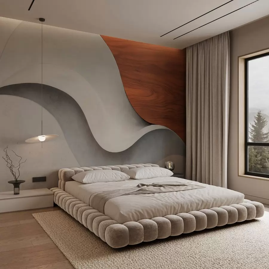 murales de pared Ondas abstractas fluidas con cálidos toques de madera, diseño contemporáneo minimalista w05599