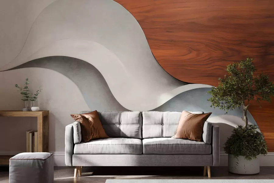 murales de pared Ondas abstractas fluidas con cálidos toques de madera, diseño contemporáneo minimalista w05599